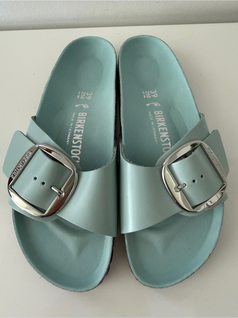 BIRKENSTOCK Big Buckle Madrid Sandals Slides - High Shine Pure Sage Size 39